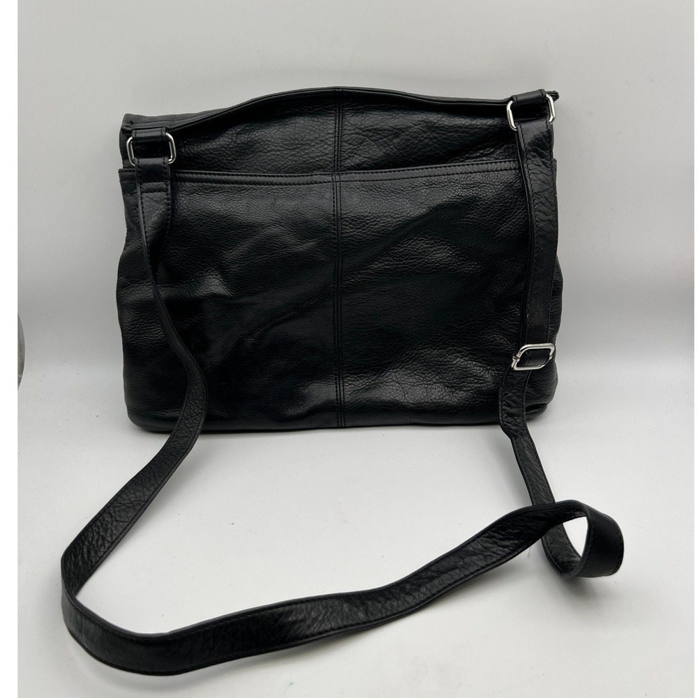 Margot Black Pebbled Leather Crossbody Bag Foldover Zip Top Minimalist Messenger - Picture 2 of 8